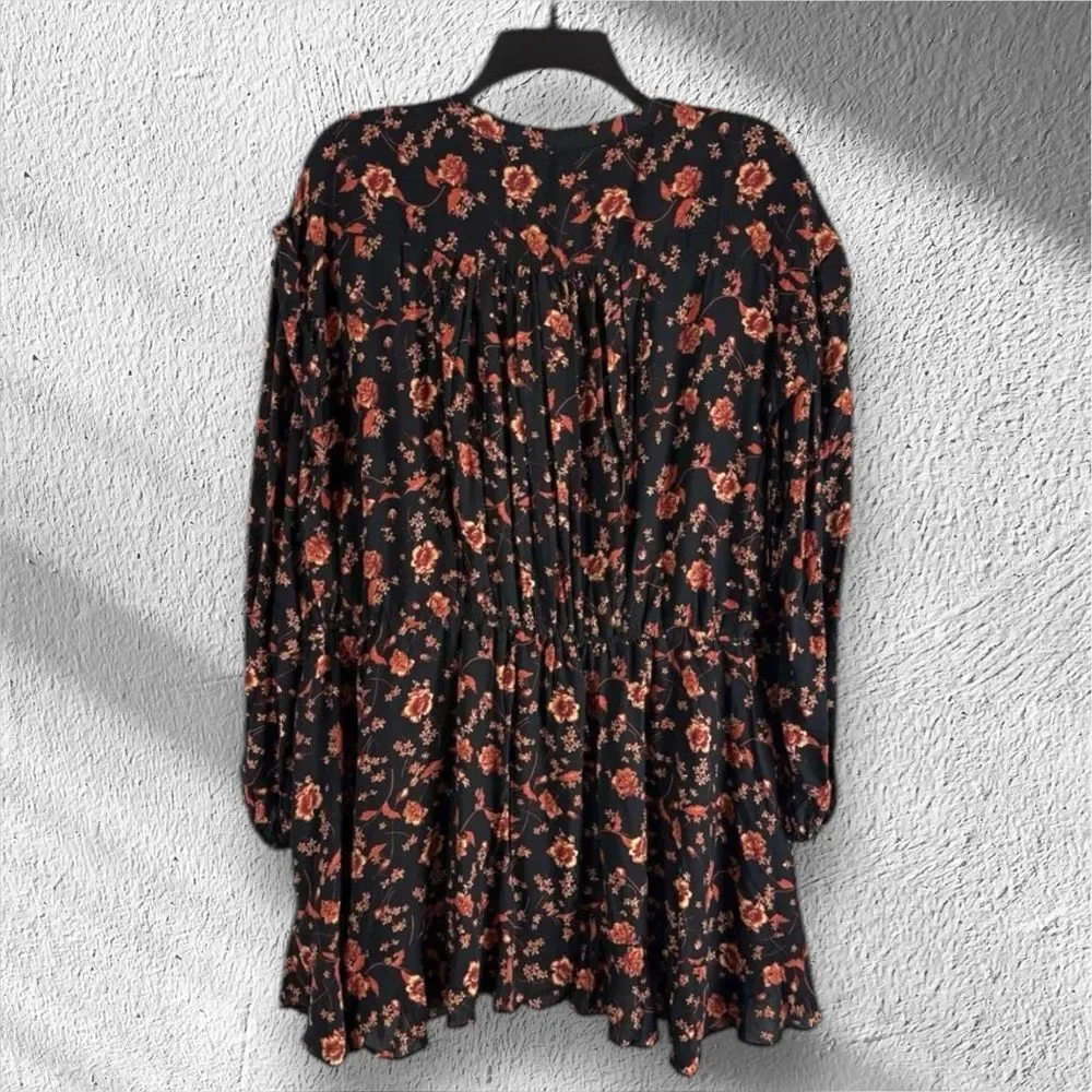 Free People Flower Fields Button Down Pleated Drawstring Waist Dress Black NWT